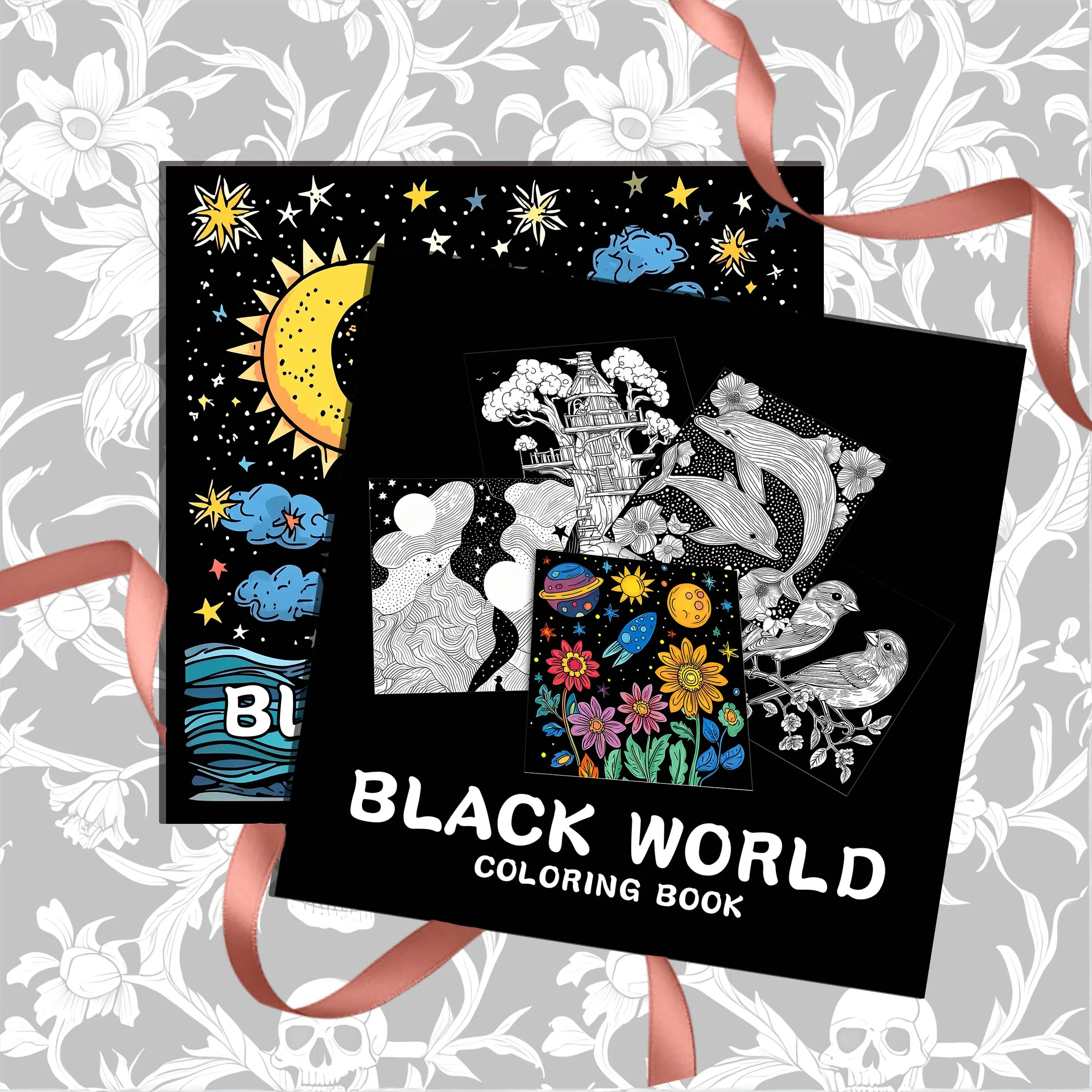 Black Themed Adult Coloring Book Multi-Element Art for Relaxation Featuring Flowers, Sailboats, Portraits, and Cosmic Designs 4