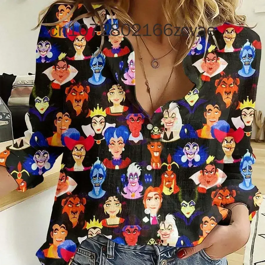 

2024 Maleficent Women's Long sleeved Shirt Fashionable and Elegant Button Shirt Disney Hawaii Women's Y2K Casual Shirt