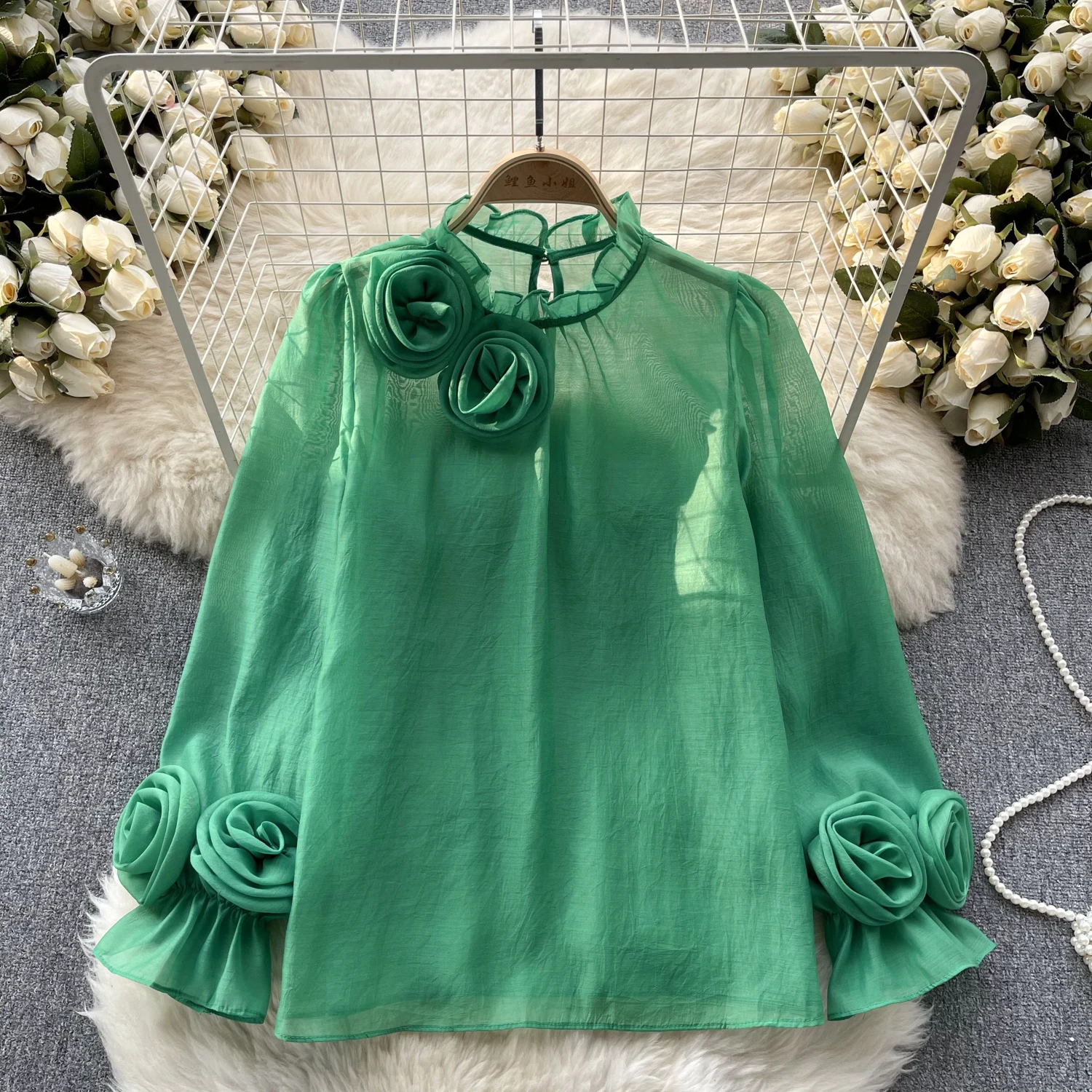 Sexy Puff Sleeve Long Sleeve O-Neck 3D Floral Pleated Blouse Slim Elegant Fashion Basic Chic Spring Summer Women Chiffon Shirt