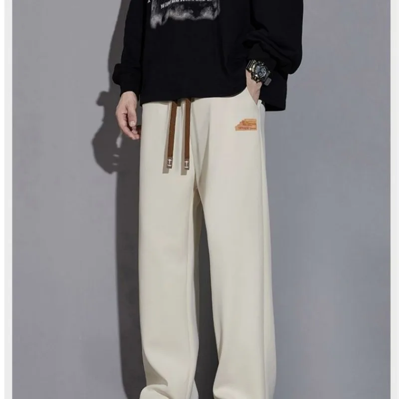 Minimalist and Trendy Spring Autumn American Style Men's Solid Color Elastic Waist Drawstring Loose Long Wide Leg Casual Pants