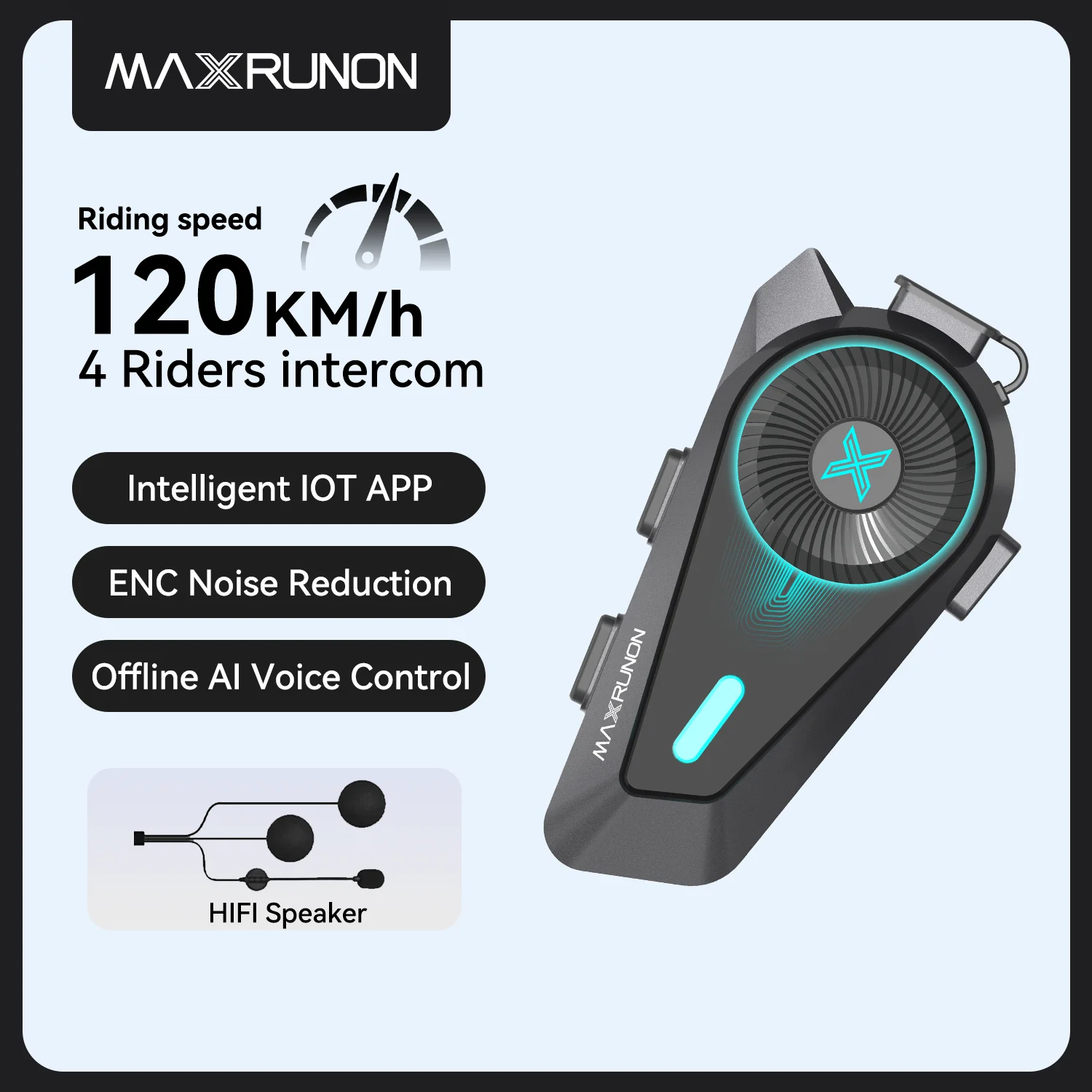 Intercomunicador para Motocicleta MAXRUNON D10 para 4 Personas, Auriculares para Casco, Interfono de Grupo para Moto, Aplicación, Control por Voz con IA, ENC, IPX7, FM, BT5.4