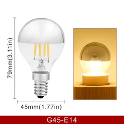 Mirror Silver Retro Edison LED Light Bulb - Vintage Filament with Warm White Lighting - 4W 220V (G45 E14)