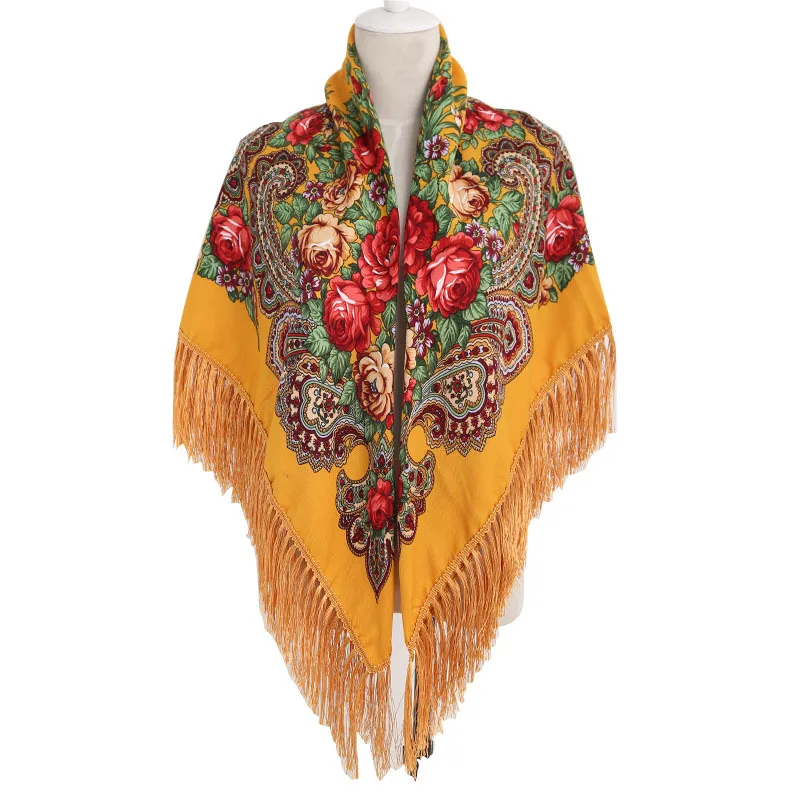 

Russian Cloak Large Flower Printed Generous Scarf Women's Shawl Warm Autumn Winter multi-function Scarf Ponchos Capes Yellow