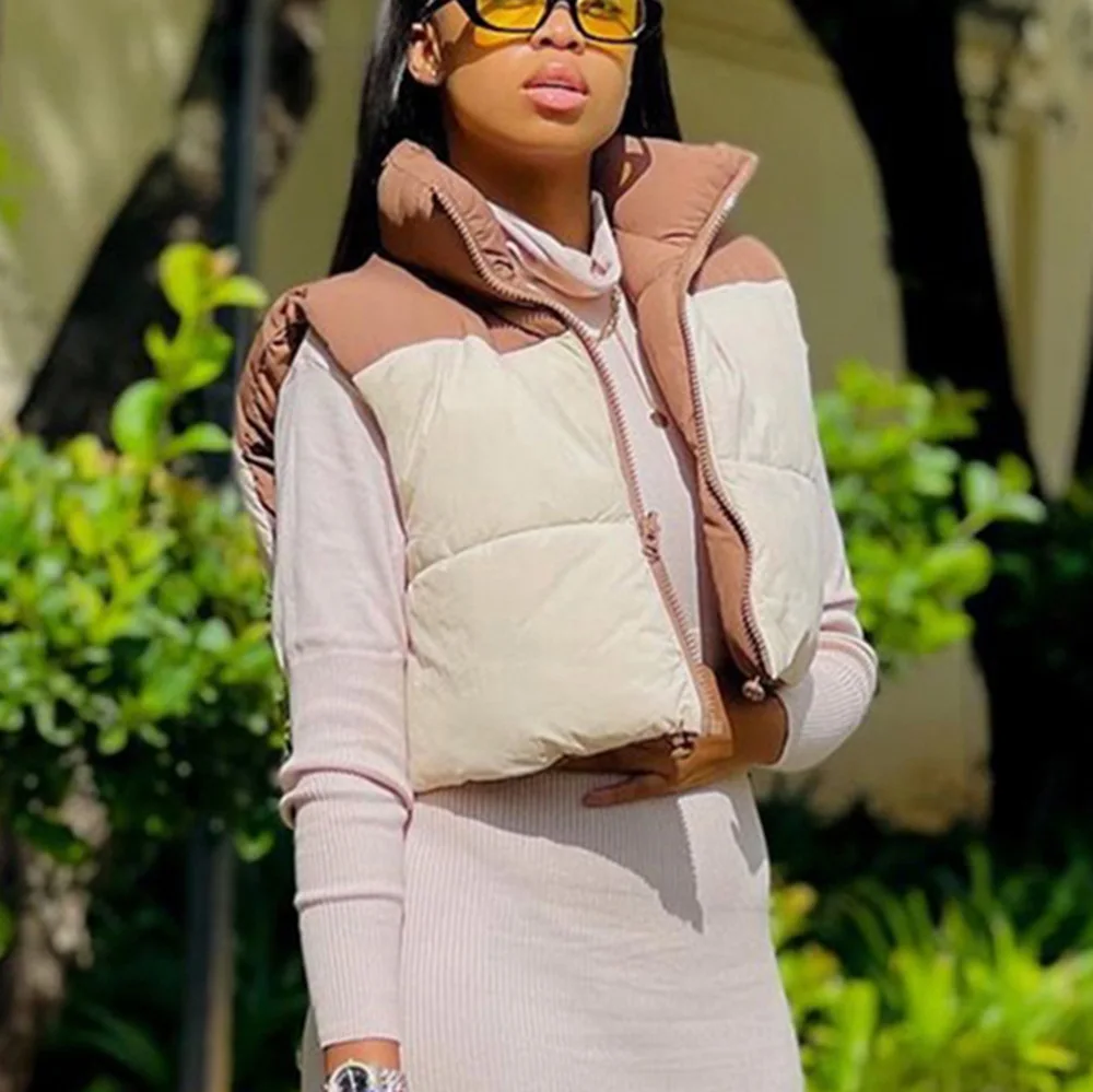 

2022 New Warm Windproof Autumn and Winter Vest Cotton Jacket Collision Color High Standing Collar Cold Women