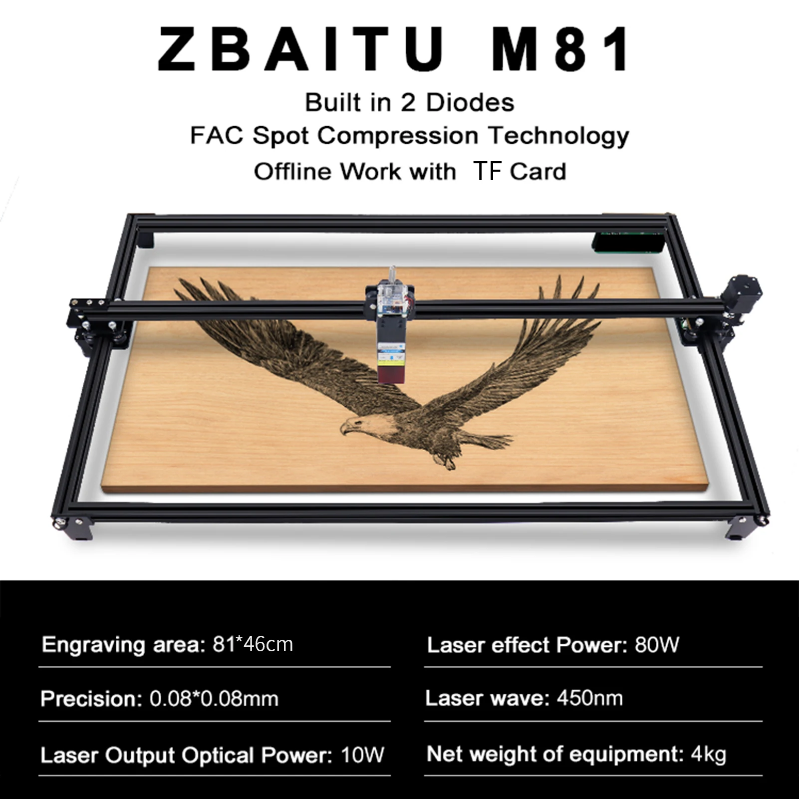 80W Laser Snijmachine Graveren 81*46Cm Gebied Full-Metalen Fac Spot Compressie Ultra-Dunne 0.08Mm Vaste-Focus Wifi Verbinding 3d printers