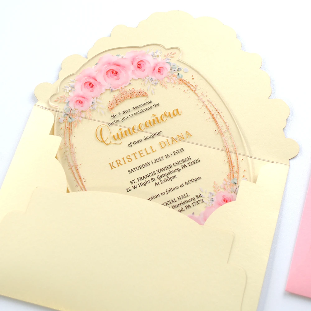 

Make Your Wedding Invitations,Pink Rose Flower PVC Invitations,Custom 10pcs Acrylic Menu Cards,Party Decorations