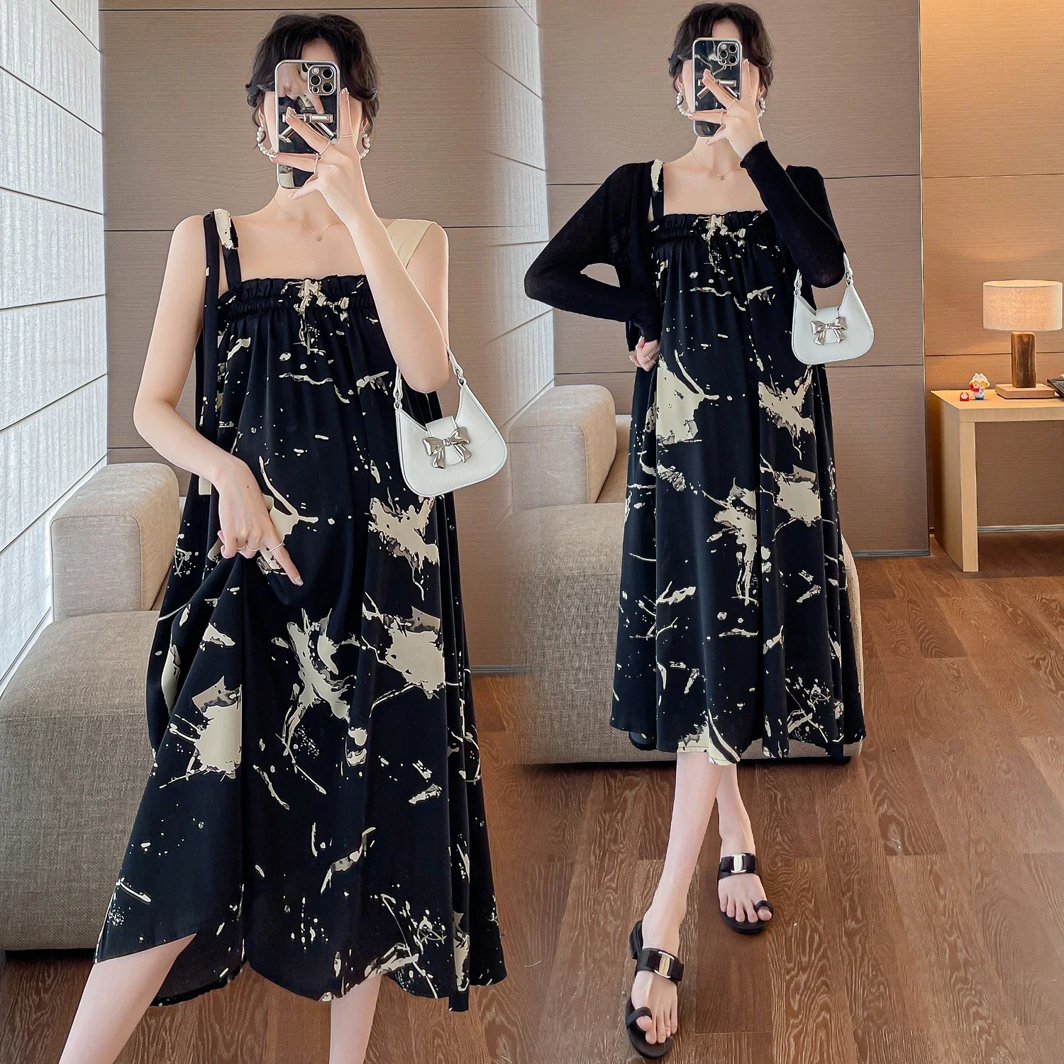 Spring Maternity Dress Suits Long Sleeve Knitting Cardigans Vintage Strap Dress Twinset Pregnant Woman Holiday Clothes Set