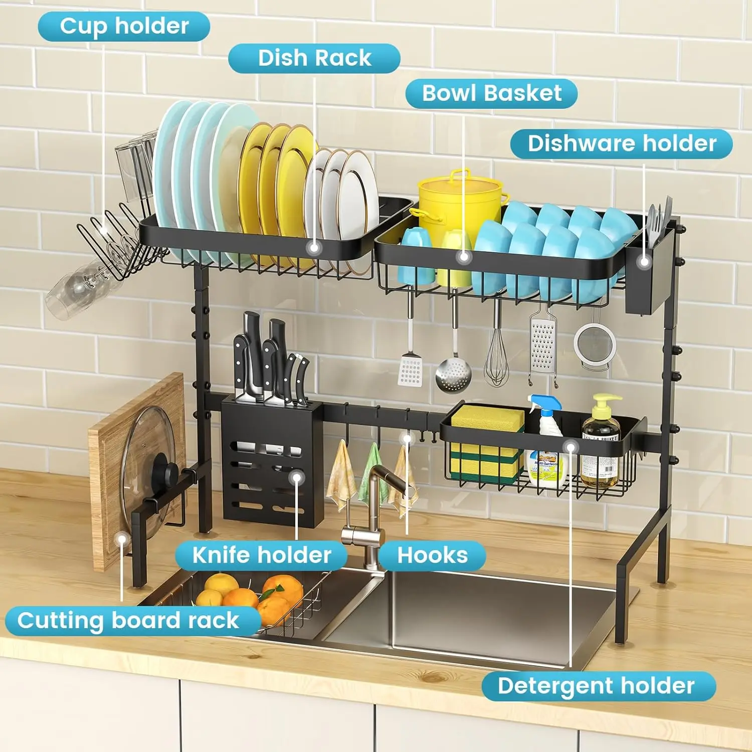 Over The Sink Dish Drying Rack Adjustable Length (25-33in), 2 Tier Dish Rack Over Sink with Multiple Baskets Utensil 5
