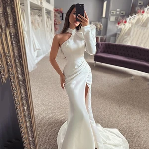 Eightree Sexy White Mermaid Wedding Dresses One Shoulder Pearls Side Slit Wedding Gowns Boho Beach Bridal Prom Dress Custom Size