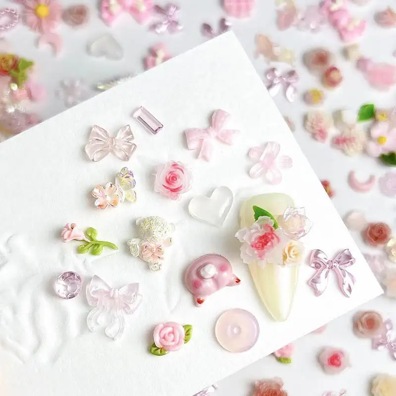 Random Mixed Sweet Pink Bow Nail Charms 3D Resin Pink  Rose Flower Nail Art Decorations Accessories for DIY Cream Glue Crafts 5