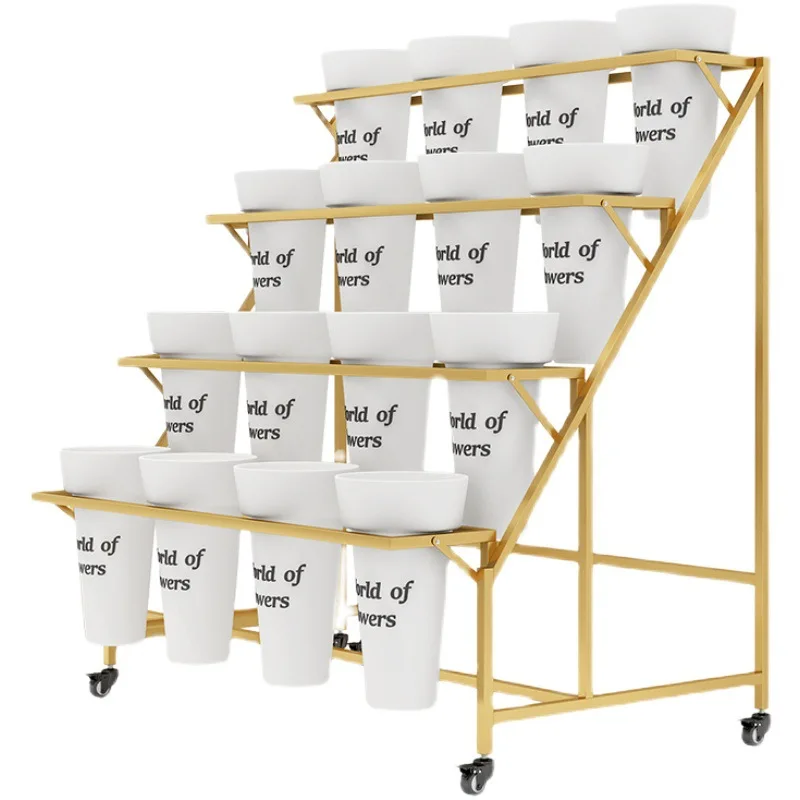 Flower Shop Display Multi Layer Ladder Flower Stand Movable Iron Stand Bucket Display Shelf Plant Stands