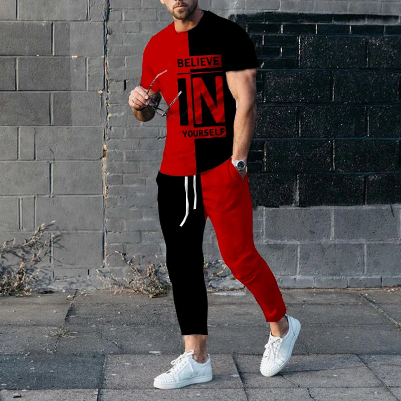 Men's T Shirt Set Summer Letters Printed Short Sleeve Tracksuit Color Block Casual Sportswear Fashion Streetwear Loose Suit