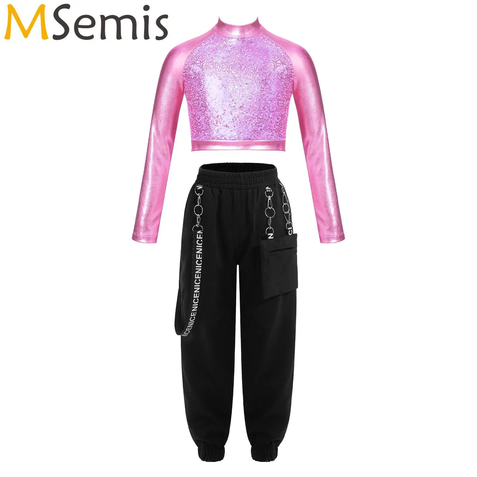 

Kids Girls Shiny Metallic Long Sleeve Sequin Crop Top with Metal Chain Cargo Pants Suit for Jazz Hip Hop Street Dance Costume