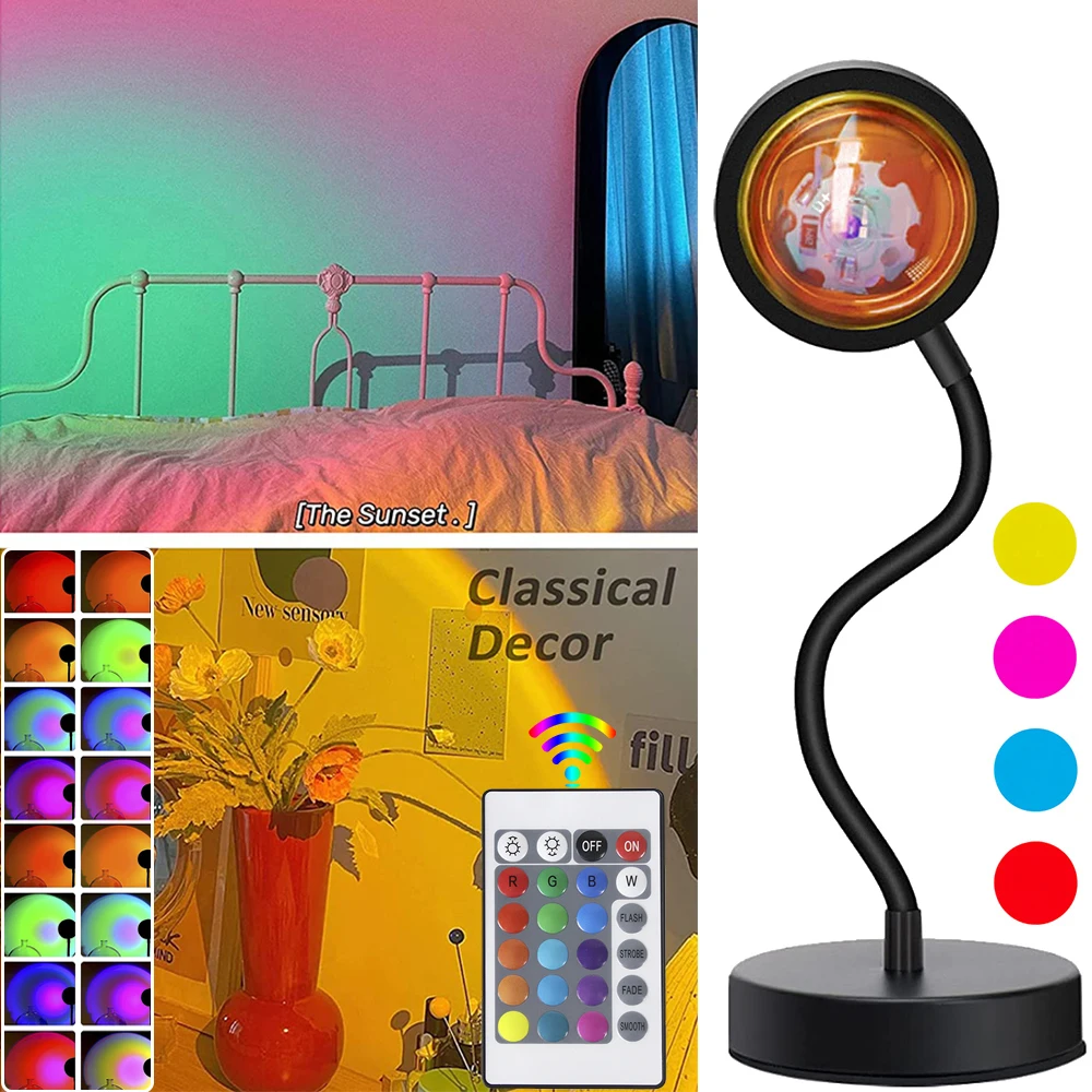 RGB Sunset Lamp Rainbow Projector 360° Rotation Sunlight Remote Control 4 in 1 Self-Media Light Background Atmosphere Room Decor nite light