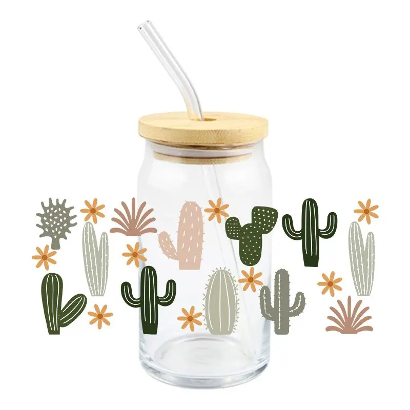 3D UV DTF Wrap Transfer Stickers Plants Cactus Design Colorful Decal Waterproof Wrap For Glasses Cups Mugs DIY Decal