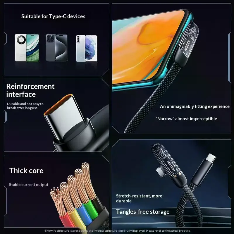 직각 USB 타입 C to C 케이블 60W 고속 충전 데이터 라인 플랫 나일론 편조 90도 엘보 USB-C 와이어 코드