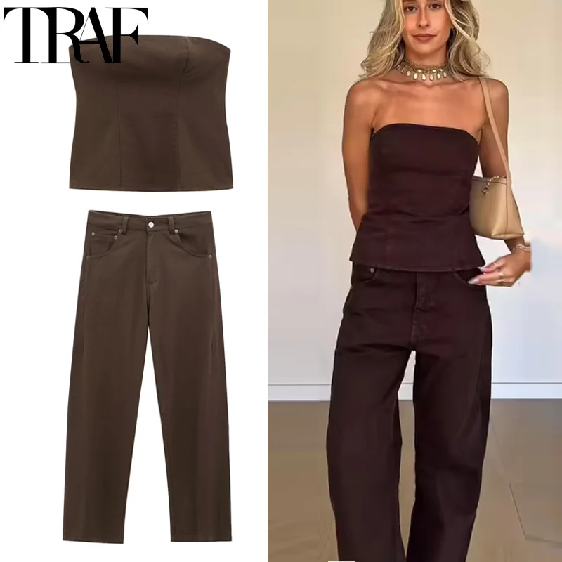 TRAF Jeans Pant Sets Women's Two Pieces Set Strapless Crop Top 2 Piece Sets Ladies Tanks & Camis Baggy Denim Set Summer Outfits