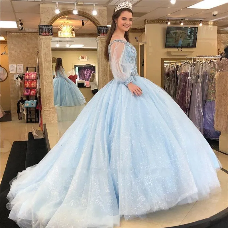 

IRIDESCENT Sparkly Luxury Sky Blue Quinceanera Dresses Long Juliet Sleeves Beaded Crystals Sweet 16 Birthday Party Princess