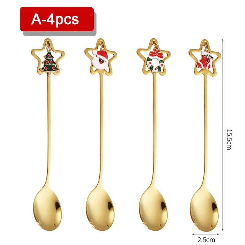 4PCS Christmas Stainless Steel Spoon Christmas Coffee Spoons Set Gold Home Restaurant Dessert Cutlery Set