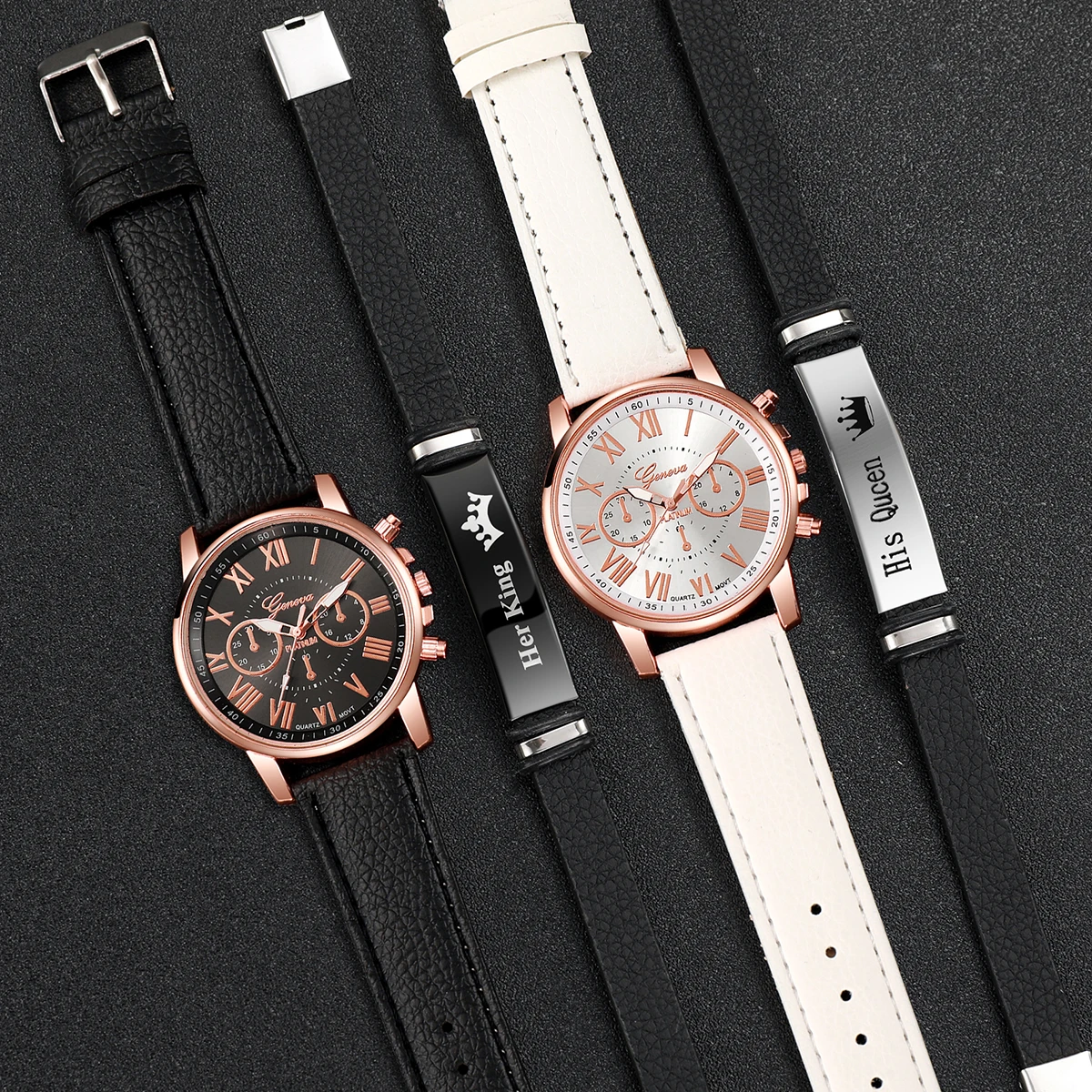 4PCS/Set Fashion Women's Watch Roman Dial Couple Simple Leather Strap Quartz Watch with Crown Bracelet Set