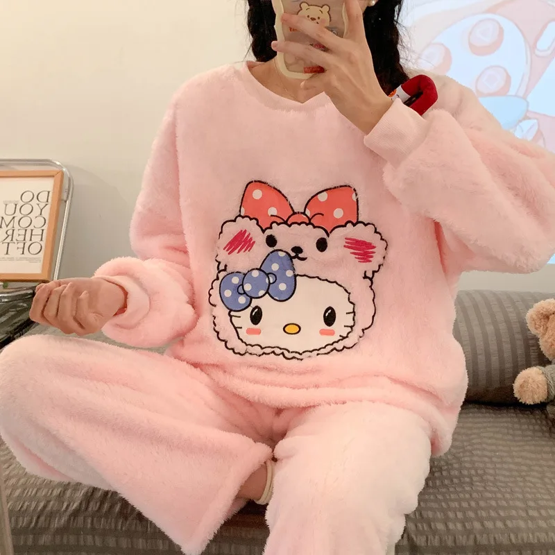 

Sanrio Hellokitty/Плюшевые пижамы с круглым вырезом и мультипликационным принтом Мелодия Cinnamoroll, домашний костюм для девочек-подростков, Набор Аниме для студентов, Рождественский подарок