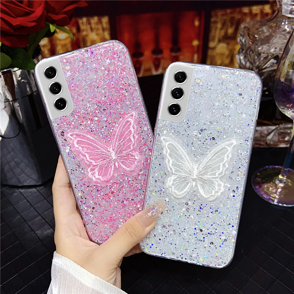Coque de téléphone à paillettes brillantes et papillon, étui pour Samsung S24 S23 Ultra S23FE S21FE S20 FE S22 Plus Note 20 Blling_voghion.com