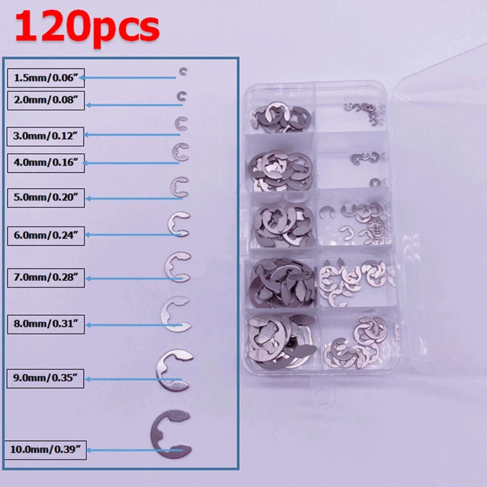 For Wet Environment Metal Washer Snap Ring Kit Industrial Commercial Supplies 120pcs E-clip M1.5 - M10 Plastic Box