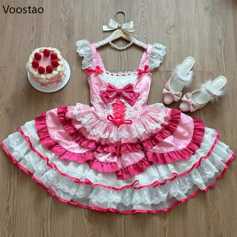 Lolita Dress Japanese Sweet Lolita Jsk Dress Women Kawaii Lace Ruffles Bow Bandage Slim Princess Dresses Girls Y2k Cute Tea Party Mini Dress Lolita Suspender Dress Lolita Cosplay Costumes