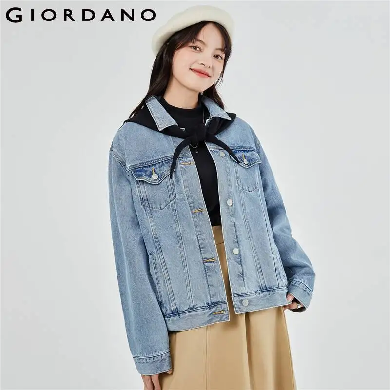 

GIORDANO женские куртки с отложным воротником джинсовые куртки с несколькими карманами металлические пуговицы Модные повседневные свободные джинсовые куртки 13373001