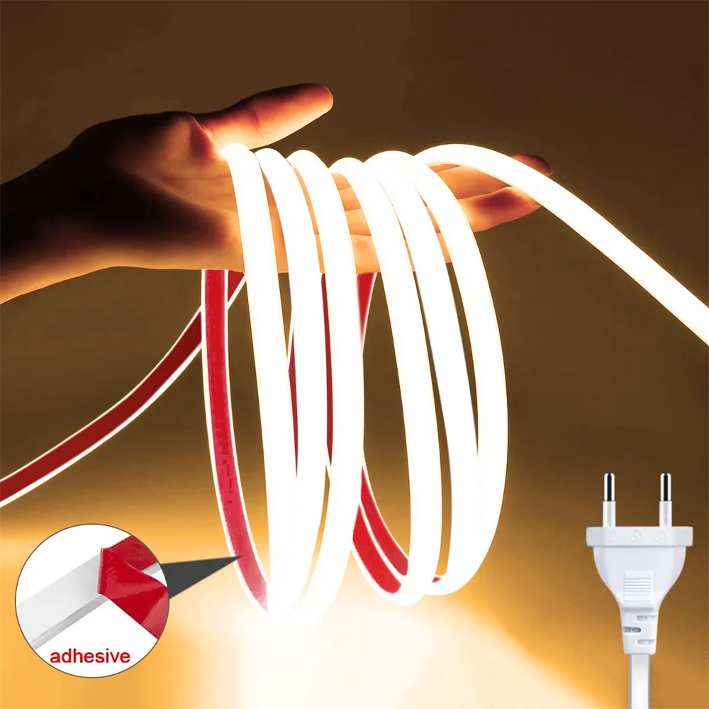 thumbnail image 1 of Tira de luces LED COB de 220 V, enchufe de alimentación de la UE con interruptor, cinta flexible de 220 V, iluminación impermeable para decoración del hogar, habitación y exterior, 1 of 5