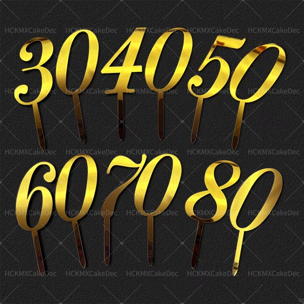 1 Satz goldene Acrylzahlen Kuchendeckel 30 40 50 60 70 80 Geburtstag Hochzeitstag Party Kuchendekoration