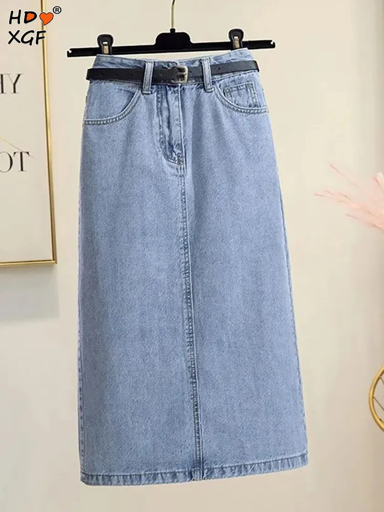 Classic High Waist Denim Skirt Women Korean Fashion Slim A-line Mid-length Jean Skirts Streetwear 4 Colors Length Straight Skirt