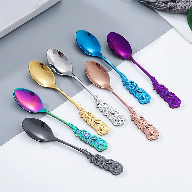 Tea Stirring Spoon Ice Cream Scoop Cute Rose Flowers Spoons Rainbow Coffee Tea Spoon Flatware Drinking Tools Stainless Steel stainless steel spoon,stainless steel spoon set