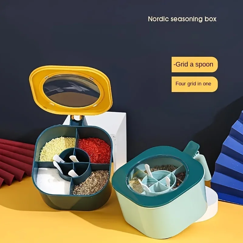 Large Capacity Seasoning Box with Lid and Spoons for Home Kitchen