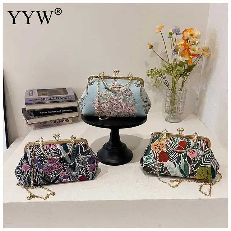 Metal Top Handle Clutch Handbag Fashion Chinese Embroidered Floral Prom Cocktail Party Evening Purse for Women Shoulder Soft Bag