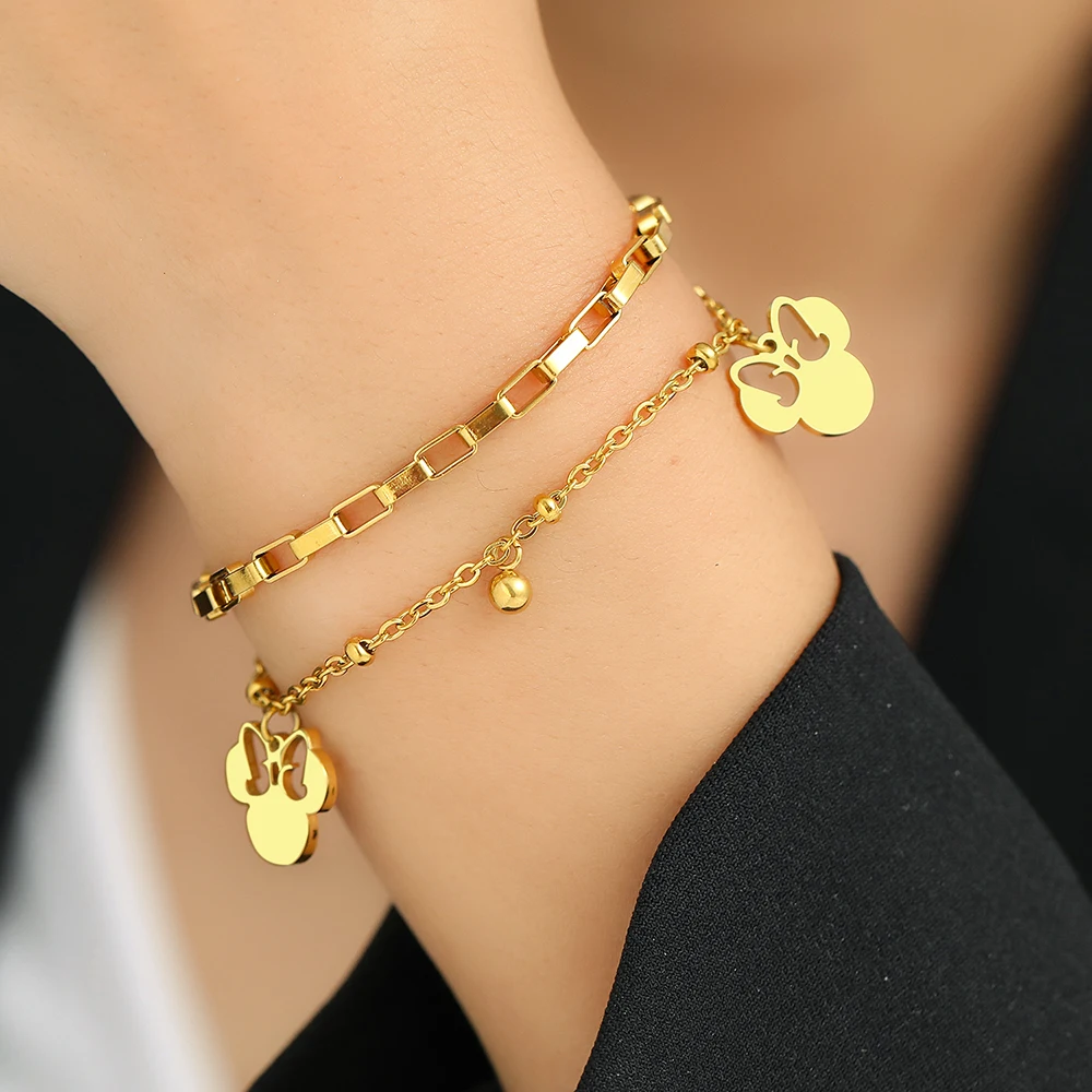 Stainless Steel Bracelets Chain Bracelet Stainless Steel Jewelry Stainless Steel Bracelets Cute Cartoon Anime Bow Mouse Pendant Bells Beads Layer Chain Bracelet For Women Jewelry Party Gifts