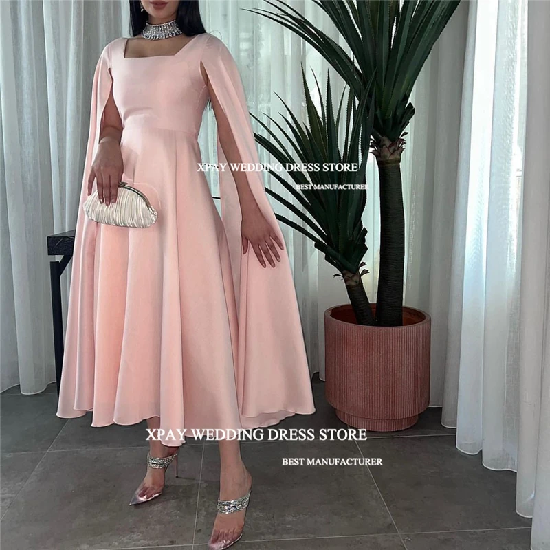 

XPAY Modest Simple Prom Dresses Satin Square Collar Long Sleeves Tea-Length Dubai Arabia Women Evening Gowns Party Formal Dress