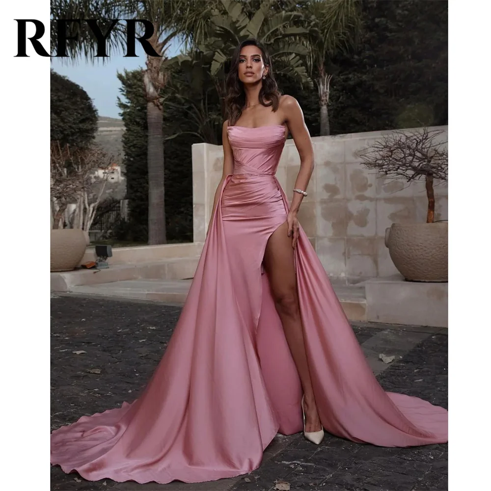 

RFYR Simple Pink Prom Dress Strapless Sleeveless Evening Dresses Mermaid Satin Party Dress Sexy High Side Slit Robe De Soirée