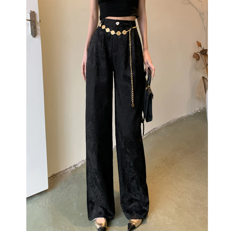 Women Clothes Vintage Chinese Style Jacquard Chic Elegant Wide Leg Pants Office Lady High Waist Solid Straight Trousers Pantalon