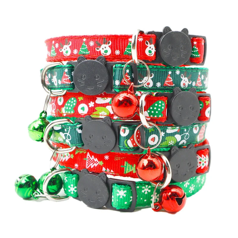 

New Christmas Cat Dog Collar with Bell Adjustable Christmas Tree Print Cat Collar Safety Kitten Neck Strap for Kitten Puppy