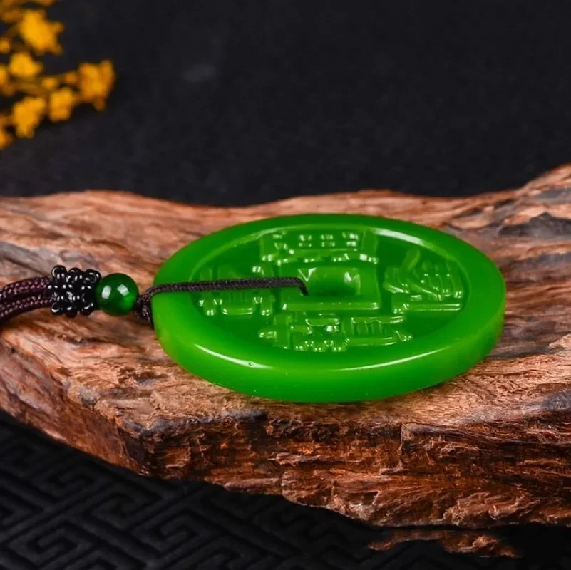 Natural Green Hand Carved Ancient Coin Jade Pendant Qianlong Tongbao Necklace For Men and Women Jewelry