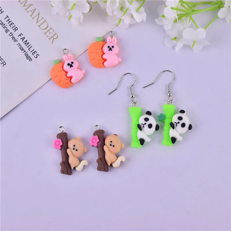 

10pcs Cute Panda Bamboo Rabbit Radish Squirrel Cute Resin Charms Flatback Resin Pendant Jewelry Making Craft DIY