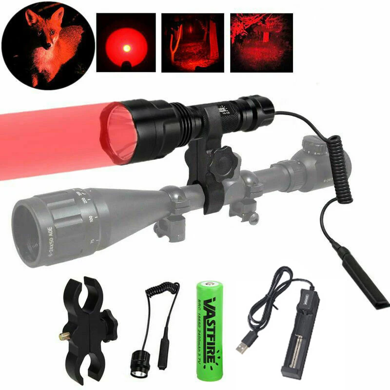 Description Picture 5 of itemC8 LED Flashlight White/Green/Red Hunting Rifle Lantern+Pressure Switch+Rail Scope Mount+18650+USB Charger