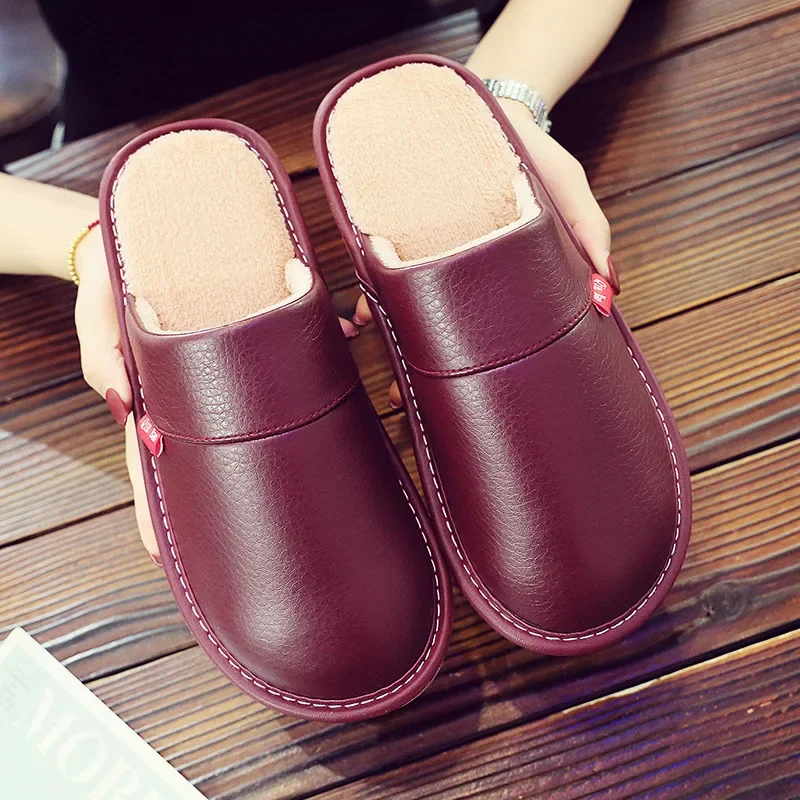 Cotton Slippers Women  Big Sizes PU Leather Home Men Indoor House for Men's Slippers Women Man Slipper Luxury Warmer Flat Shoes