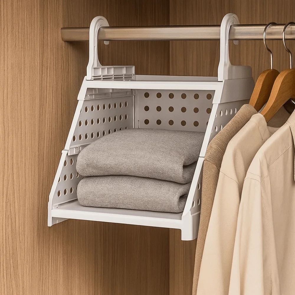Plastic Multi-Layer Clothing Organizer Foldable Space Saving Hanging Clothes Storage Rack with Hook Large Capacity
