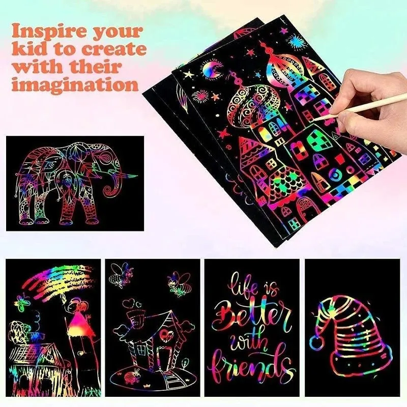 Scratch Paper Art Set Rainbow Card Scratch Black Scratch It Off Paper Crafts Notes with Wooden Stylus Stencils for Kid DIY Gift 5