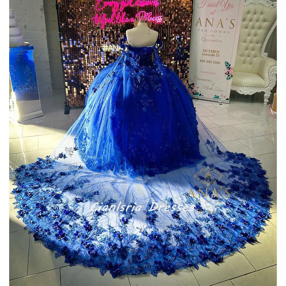 

Royal Blue Pearls 3D Butterfly Quinceanera Dress Ball Gown Off The Shoulder Appliques Corset Sweet 15 Vestidos De Quinceañera