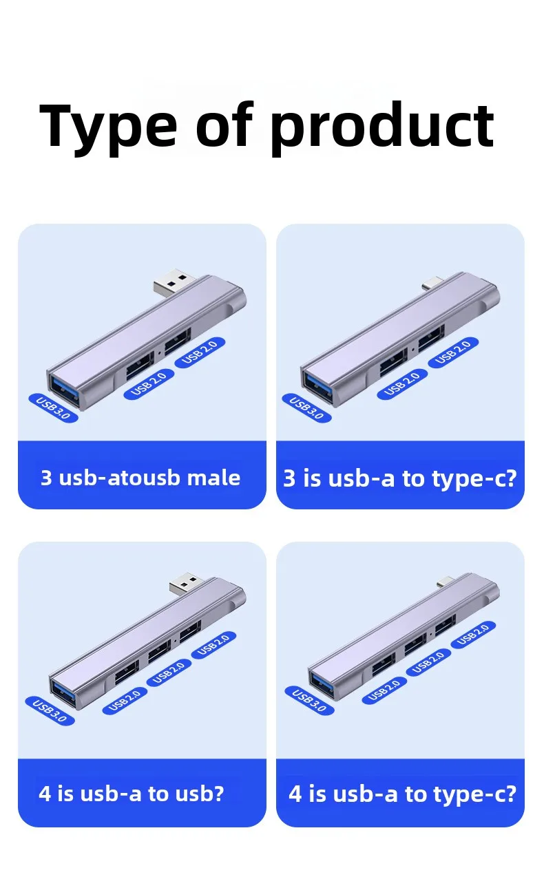 4-Port-USB-3.0-Splitter für Laptop, Typ-C-Hub, Expander aus Aluminiumlegierung, seitlich gebogener Kabelhub – Detail 2