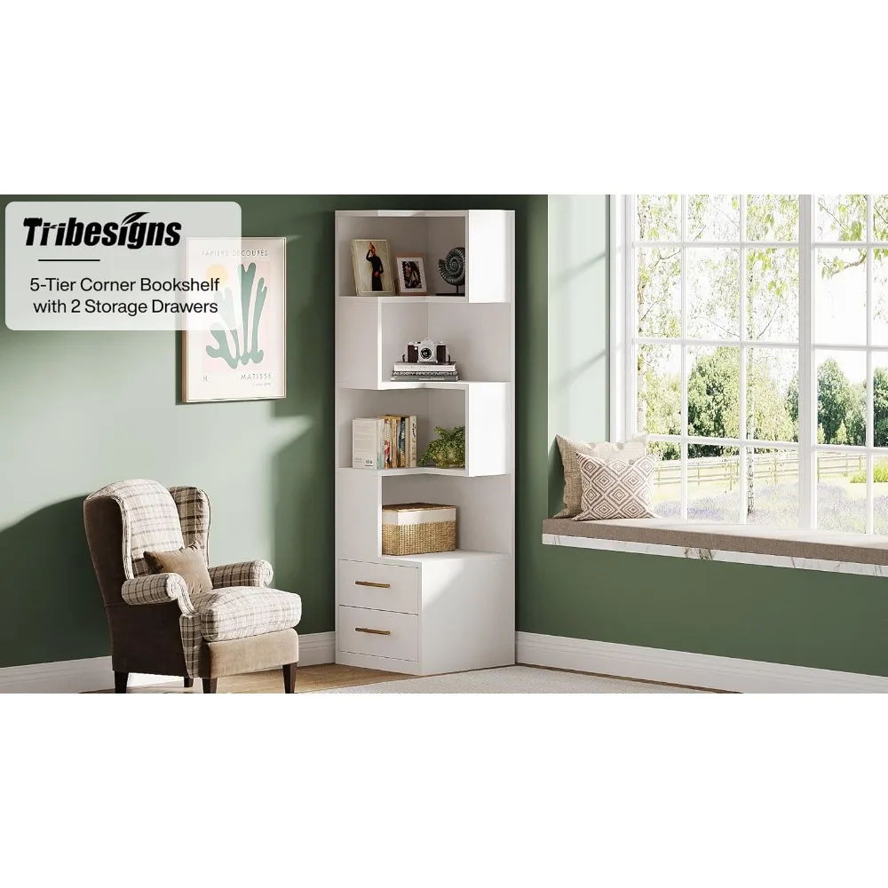 5-Tier Corner Bookshelf with 2 Drawers, 66.9-Inch Tall Corner Bookcase Shelf, Modern Simple Corner Storage Cabinet 6