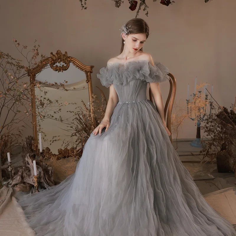 

High End Design Sense Evening Dress Off The Shoulder Ruched Lace Dress 2023 New Summer Style Solid Engagement Banquet Vestidos